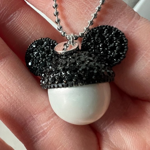 Mickey Mouse Sparkle Ears and Faux Pearl Pendant Necklace on a Silver Tone Chain - Picture 4 of 6